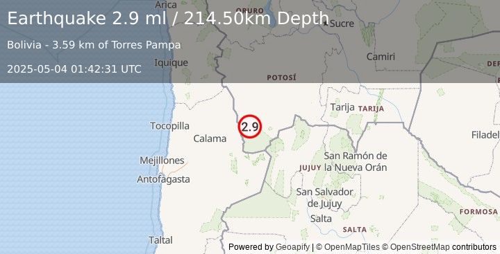 Earthquake POTOSI, BOLIVIA (2.9 ml) (2025-05-04 01:42:31 UTC)