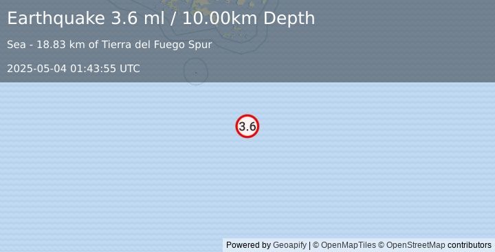 Earthquake DRAKE PASSAGE (3.6 ml) (2025-05-04 01:43:55 UTC)