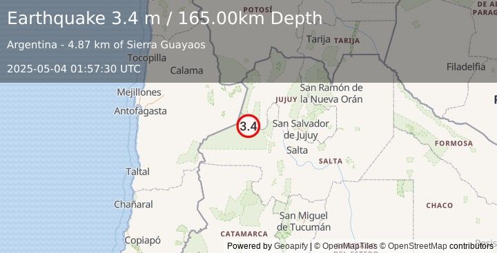 Earthquake SALTA, ARGENTINA (3.6 ml) (2025-05-04 01:57:36 UTC)