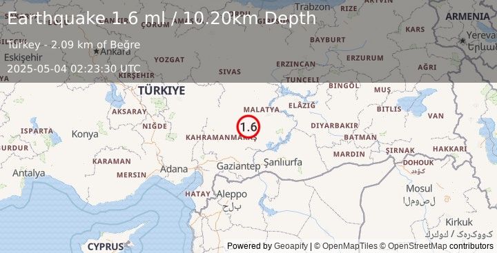 Earthquake CENTRAL TURKEY (1.6 ml) (2025-05-04 02:23:30 UTC)