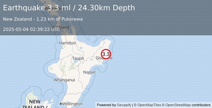 Earthquake OFF E. COAST OF N. ISLAND, N.Z. (3.3 ml) (2025-05-04 02:39:22 UTC)
