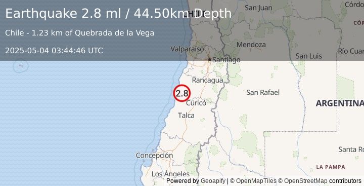 Earthquake LIBERTADOR O'HIGGINS, CHILE (2.8 ml) (2025-05-04 03:44:46 UTC)