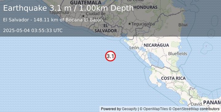 Earthquake OFF COAST OF CENTRAL AMERICA (3.1 m) (2025-05-04 03:55:33 UTC)
