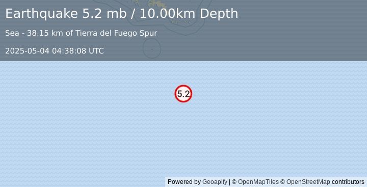 Earthquake DRAKE PASSAGE (5.3 mb) (2025-05-04 04:38:07 UTC)