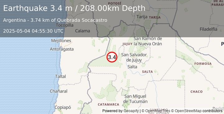 Earthquake SALTA, ARGENTINA (3.8 ml) (2025-05-04 04:55:06 UTC)