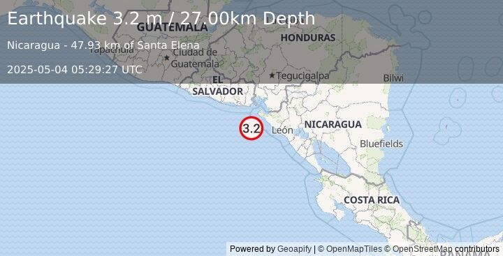 Earthquake NEAR COAST OF NICARAGUA (3.2 m) (2025-05-04 05:29:27 UTC)