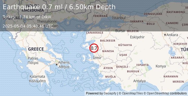Earthquake NEAR THE COAST OF WESTERN TURKEY (0.7 ml) (2025-05-04 05:48:46 UTC)
