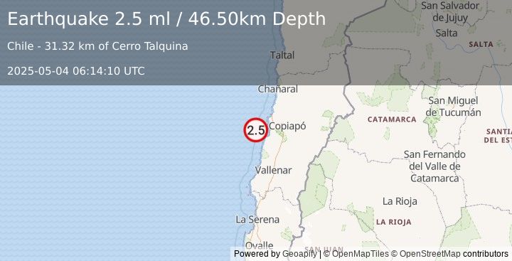 Earthquake OFFSHORE ATACAMA, CHILE (2.5 ml) (2025-05-04 06:14:10 UTC)