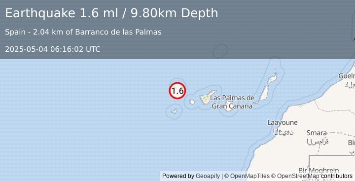 Earthquake CANARY ISLANDS, SPAIN REGION (1.6 ml) (2025-05-04 06:16:02 UTC)