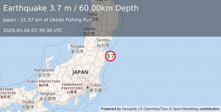Earthquake NEAR EAST COAST OF HONSHU, JAPAN (3.7 m) (2025-05-04 07:39:30 UTC)