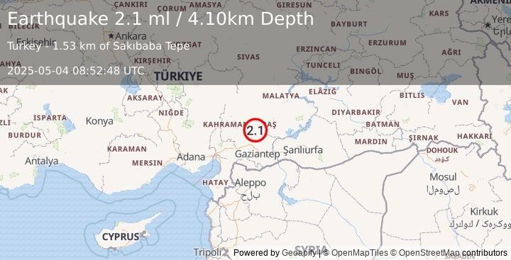 Earthquake CENTRAL TURKEY (2.1 ml) (2025-05-04 08:52:48 UTC)