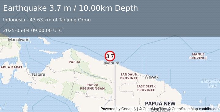 Earthquake NEAR N COAST OF PAPUA, INDONESIA (3.7 m) (2025-05-04 09:00:00 UTC)