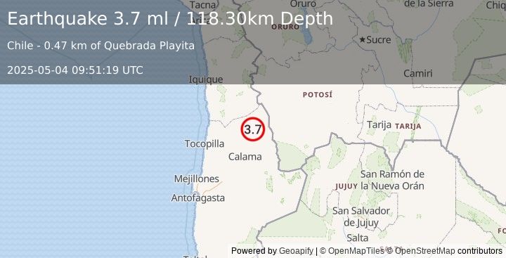 Earthquake ANTOFAGASTA, CHILE (3.9 ml) (2025-05-04 09:51:20 UTC)