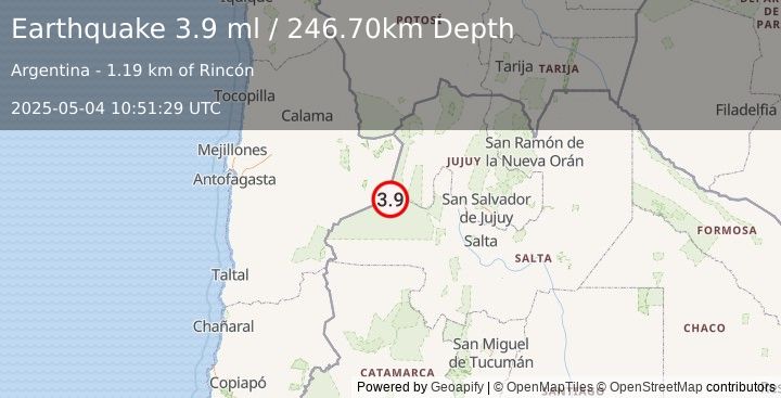 Earthquake SALTA, ARGENTINA (3.9 ml) (2025-05-04 10:51:29 UTC)