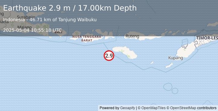 Earthquake SOUTH OF SUMBAWA, INDONESIA (2.9 m) (2025-05-04 10:55:18 UTC)