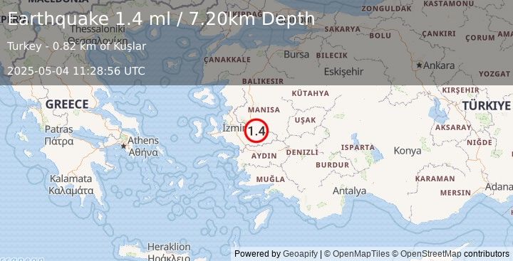 Earthquake WESTERN TURKEY (1.4 ml) (2025-05-04 11:28:56 UTC)