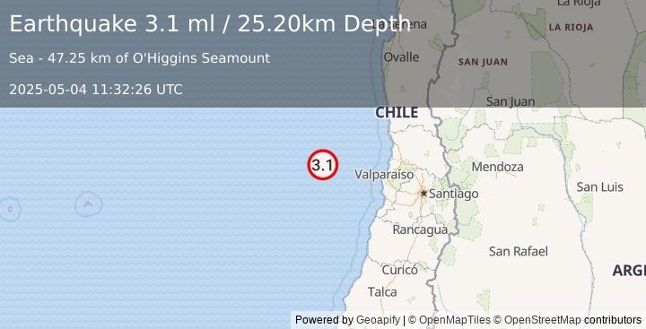 Earthquake OFF COAST OF VALPARAISO, CHILE (3.1 ml) (2025-05-04 11:32:26 UTC)