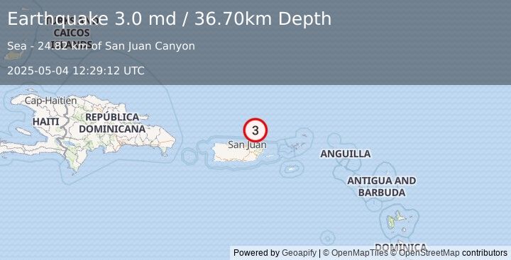 Earthquake PUERTO RICO REGION (3.0 md) (2025-05-04 12:29:12 UTC)