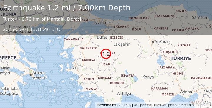 Earthquake WESTERN TURKEY (1.2 ml) (2025-05-04 13:18:46 UTC)