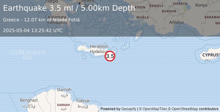 Earthquake CRETE, GREECE (3.5 ml) (2025-05-04 13:25:42 UTC)