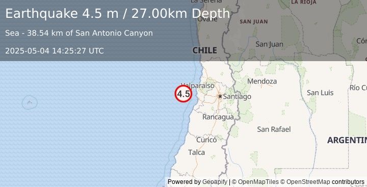 Earthquake OFFSHORE VALPARAISO, CHILE (4.5 m) (2025-05-04 14:25:25 UTC)