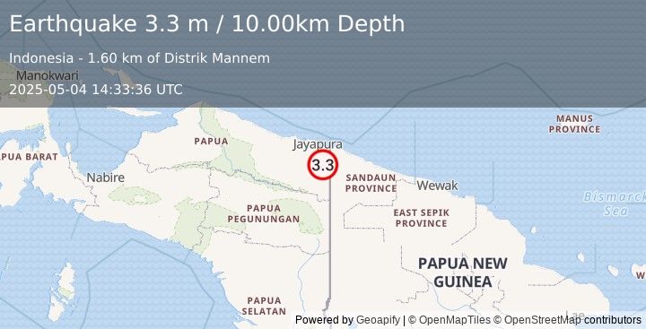 Earthquake PAPUA, INDONESIA (3.3 m) (2025-05-04 14:33:36 UTC)