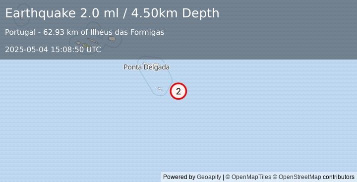 Earthquake AZORES ISLANDS REGION (2.0 ml) (2025-05-04 15:08:50 UTC)