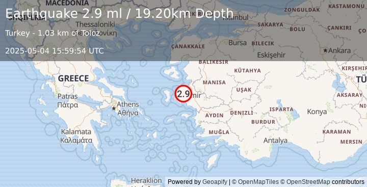 Earthquake NEAR THE COAST OF WESTERN TURKEY (2.9 ml) (2025-05-04 15:59:54 UTC)