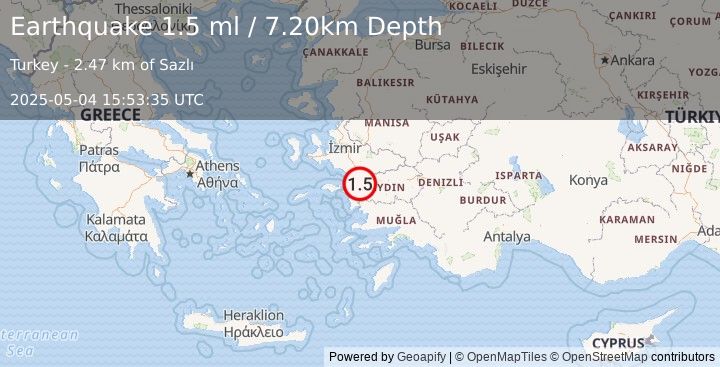 Earthquake WESTERN TURKEY (1.5 ml) (2025-05-04 15:53:35 UTC)