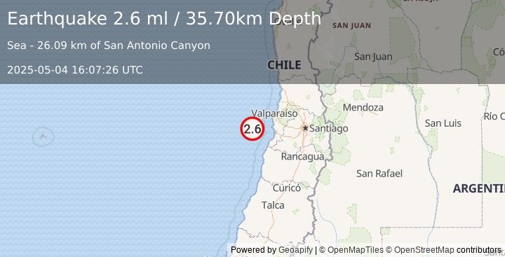 Earthquake OFFSHORE VALPARAISO, CHILE (2.6 ml) (2025-05-04 16:07:26 UTC)