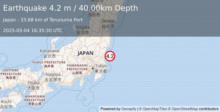Earthquake NEAR EAST COAST OF HONSHU, JAPAN (4.2 m) (2025-05-04 16:34:53 UTC)