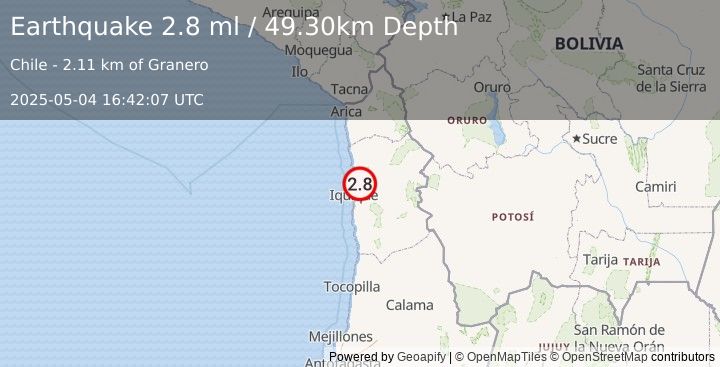 Earthquake TARAPACA, CHILE (2.8 ml) (2025-05-04 16:42:07 UTC)