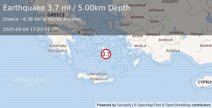 Earthquake DODECANESE ISLANDS, GREECE (3.7 ml) (2025-05-04 17:23:58 UTC)