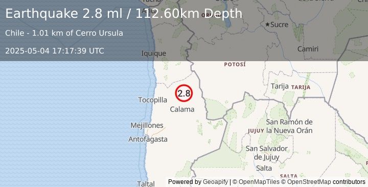 Earthquake ANTOFAGASTA, CHILE (2.8 ml) (2025-05-04 17:17:39 UTC)