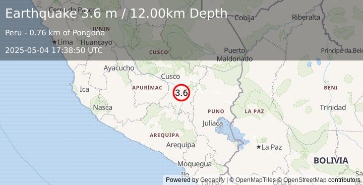 Earthquake CENTRAL PERU (3.6 m) (2025-05-04 17:38:50 UTC)