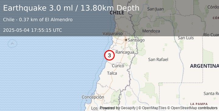 Earthquake OFFSHORE O'HIGGINS, CHILE (3.2 ml) (2025-05-04 17:55:10 UTC)