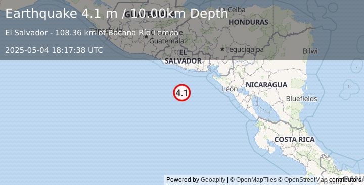 Earthquake OFF THE COAST OF EL SALVADOR (4.1 m) (2025-05-04 18:17:38 UTC)