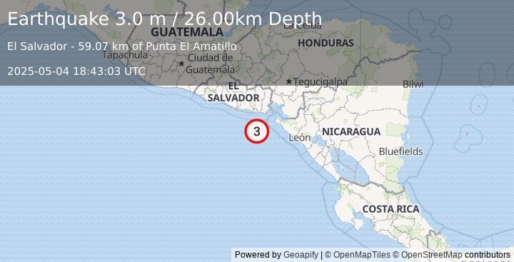 Earthquake OFFSHORE EL SALVADOR (3.0 m) (2025-05-04 18:43:03 UTC)