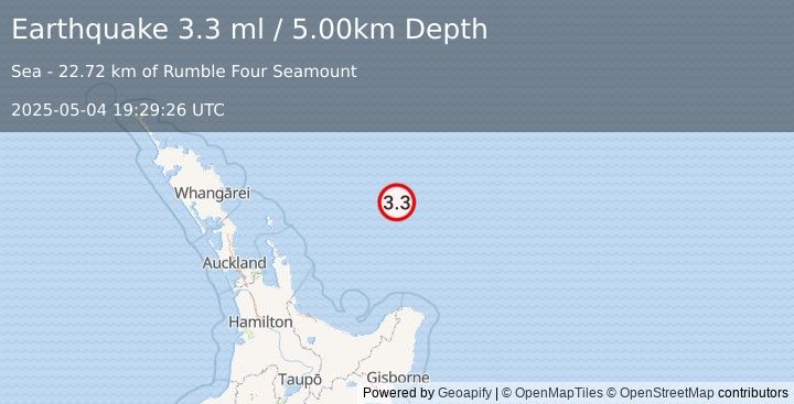 Earthquake OFF E. COAST OF N. ISLAND, N.Z. (3.3 ml) (2025-05-04 19:29:26 UTC)
