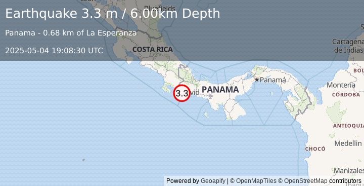Earthquake PANAMA-COSTA RICA BORDER REGION (3.3 m) (2025-05-04 19:08:30 UTC)