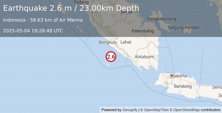 Earthquake SOUTHERN SUMATRA, INDONESIA (2.6 m) (2025-05-04 19:28:48 UTC)