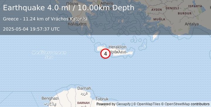 Earthquake CRETE, GREECE (3.7 ml) (2025-05-04 19:57:35 UTC)