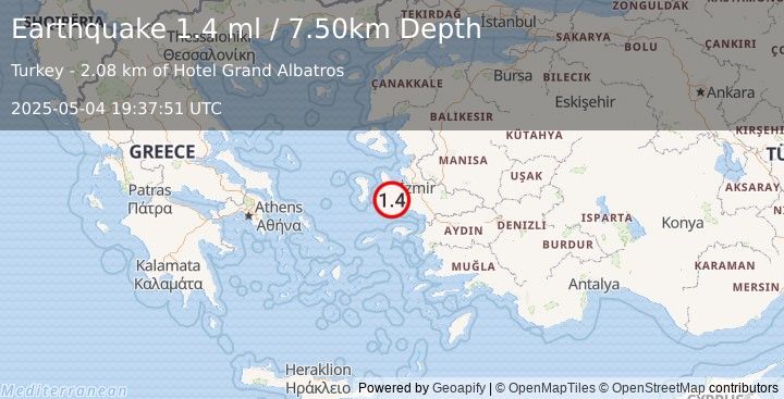 Earthquake NEAR THE COAST OF WESTERN TURKEY (1.4 ml) (2025-05-04 19:37:51 UTC)