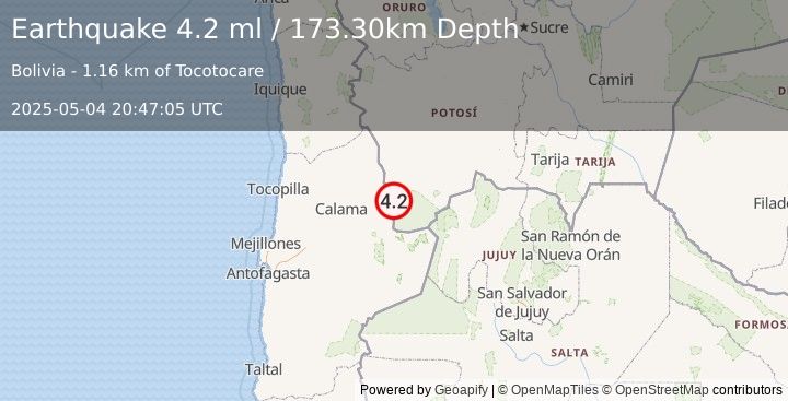 Earthquake POTOSI, BOLIVIA (4.5 m) (2025-05-04 20:47:04 UTC)