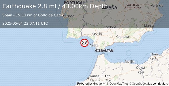Earthquake STRAIT OF GIBRALTAR (2.8 ml) (2025-05-04 22:07:11 UTC)