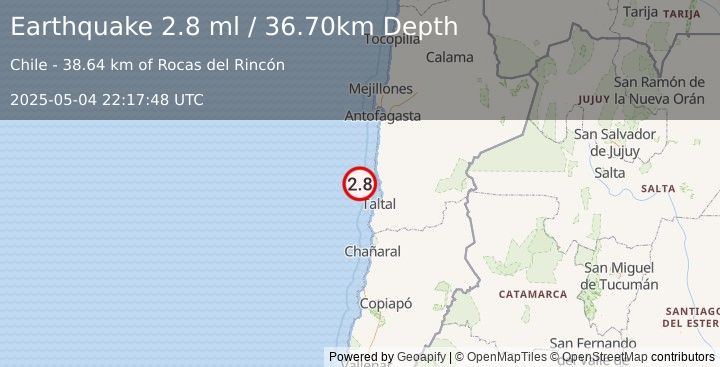 Earthquake OFFSHORE ANTOFAGASTA, CHILE (2.8 ml) (2025-05-04 22:17:48 UTC)