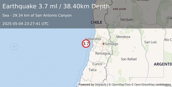 Earthquake OFFSHORE VALPARAISO, CHILE (3.7 ml) (2025-05-04 23:27:41 UTC)