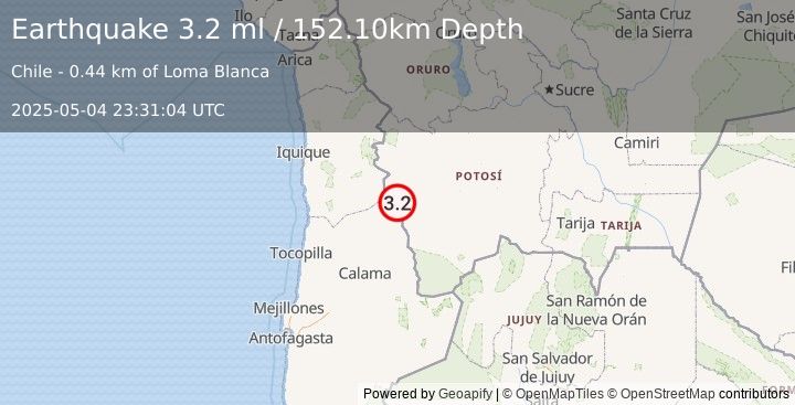 Earthquake ANTOFAGASTA, CHILE (3.2 ml) (2025-05-04 23:31:04 UTC)