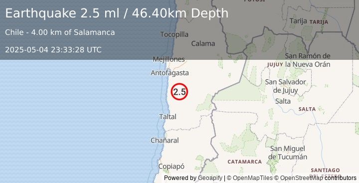 Earthquake ANTOFAGASTA, CHILE (2.5 ml) (2025-05-04 23:33:28 UTC)