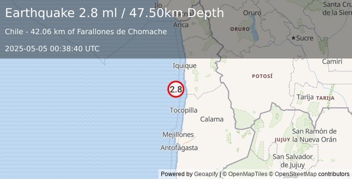 Earthquake OFFSHORE ANTOFAGASTA, CHILE (2.8 ml) (2025-05-05 00:38:40 UTC)
